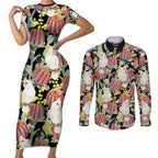 Little Corella Australia Cockatoo Couples Matching Short Sleeve Bodycon Dress and Long Sleeve Button Shirt Cacatua Sanguinea Banksia Seamless Black - Aussie Hoodie
