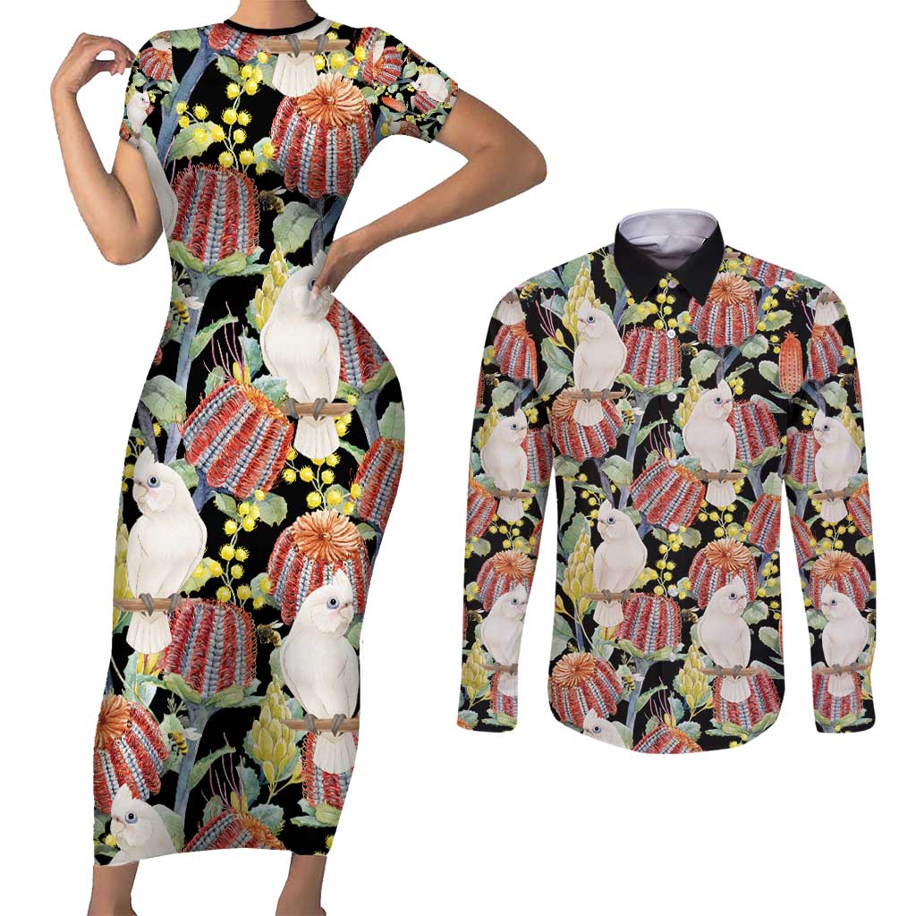 Little Corella Australia Cockatoo Couples Matching Short Sleeve Bodycon Dress and Long Sleeve Button Shirt Cacatua Sanguinea Banksia Seamless Black - Aussie Hoodie
