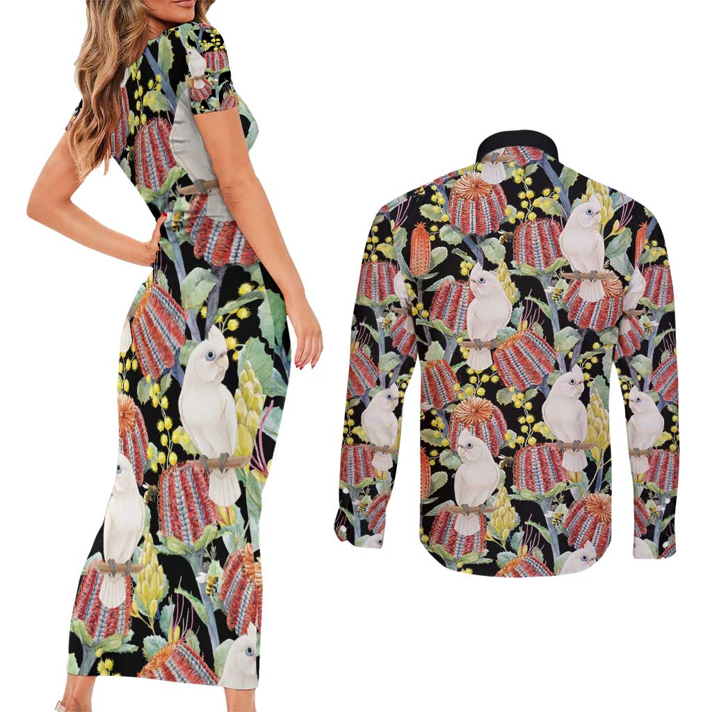 Little Corella Australia Cockatoo Couples Matching Short Sleeve Bodycon Dress and Long Sleeve Button Shirt Cacatua Sanguinea Banksia Seamless Black - Aussie Hoodie