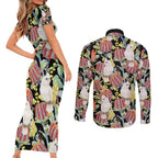 Little Corella Australia Cockatoo Couples Matching Short Sleeve Bodycon Dress and Long Sleeve Button Shirt Cacatua Sanguinea Banksia Seamless Black - Aussie Hoodie