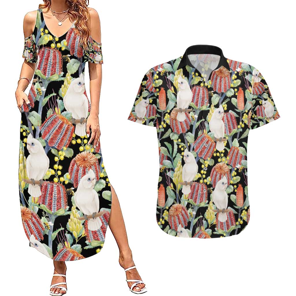 Little Corella Australia Cockatoo Couples Matching Summer Maxi Dress and Hawaiian Shirt Cacatua Sanguinea Banksia Seamless Black - Aussie Hoodie