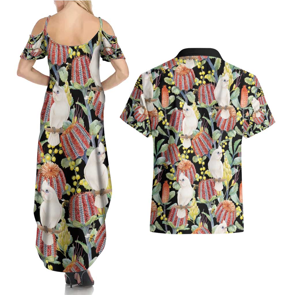 Little Corella Australia Cockatoo Couples Matching Summer Maxi Dress and Hawaiian Shirt Cacatua Sanguinea Banksia Seamless Black - Aussie Hoodie