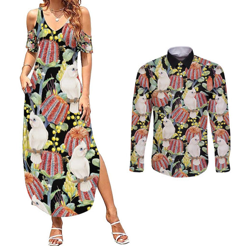 Little Corella Australia Cockatoo Couples Matching Summer Maxi Dress and Long Sleeve Button Shirt Cacatua Sanguinea Banksia Seamless Black - Aussie Hoodie