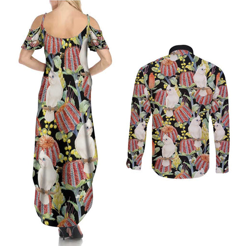 Little Corella Australia Cockatoo Couples Matching Summer Maxi Dress and Long Sleeve Button Shirt Cacatua Sanguinea Banksia Seamless Black - Aussie Hoodie