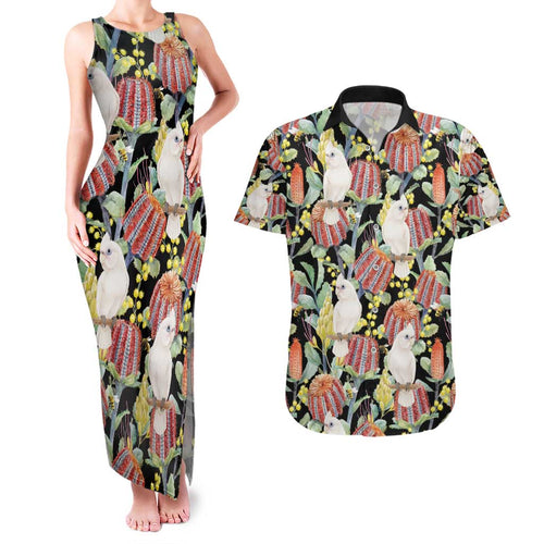 Little Corella Australia Cockatoo Couples Matching Tank Maxi Dress and Hawaiian Shirt Cacatua Sanguinea Banksia Seamless Black - Aussie Hoodie