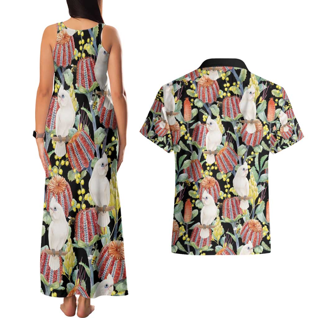 Little Corella Australia Cockatoo Couples Matching Tank Maxi Dress and Hawaiian Shirt Cacatua Sanguinea Banksia Seamless Black - Aussie Hoodie