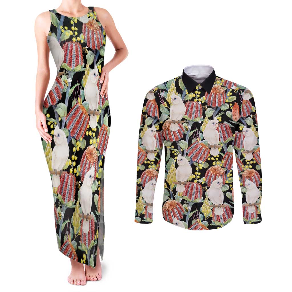 Little Corella Australia Cockatoo Couples Matching Tank Maxi Dress and Long Sleeve Button Shirt Cacatua Sanguinea Banksia Seamless Black - Aussie Hoodie