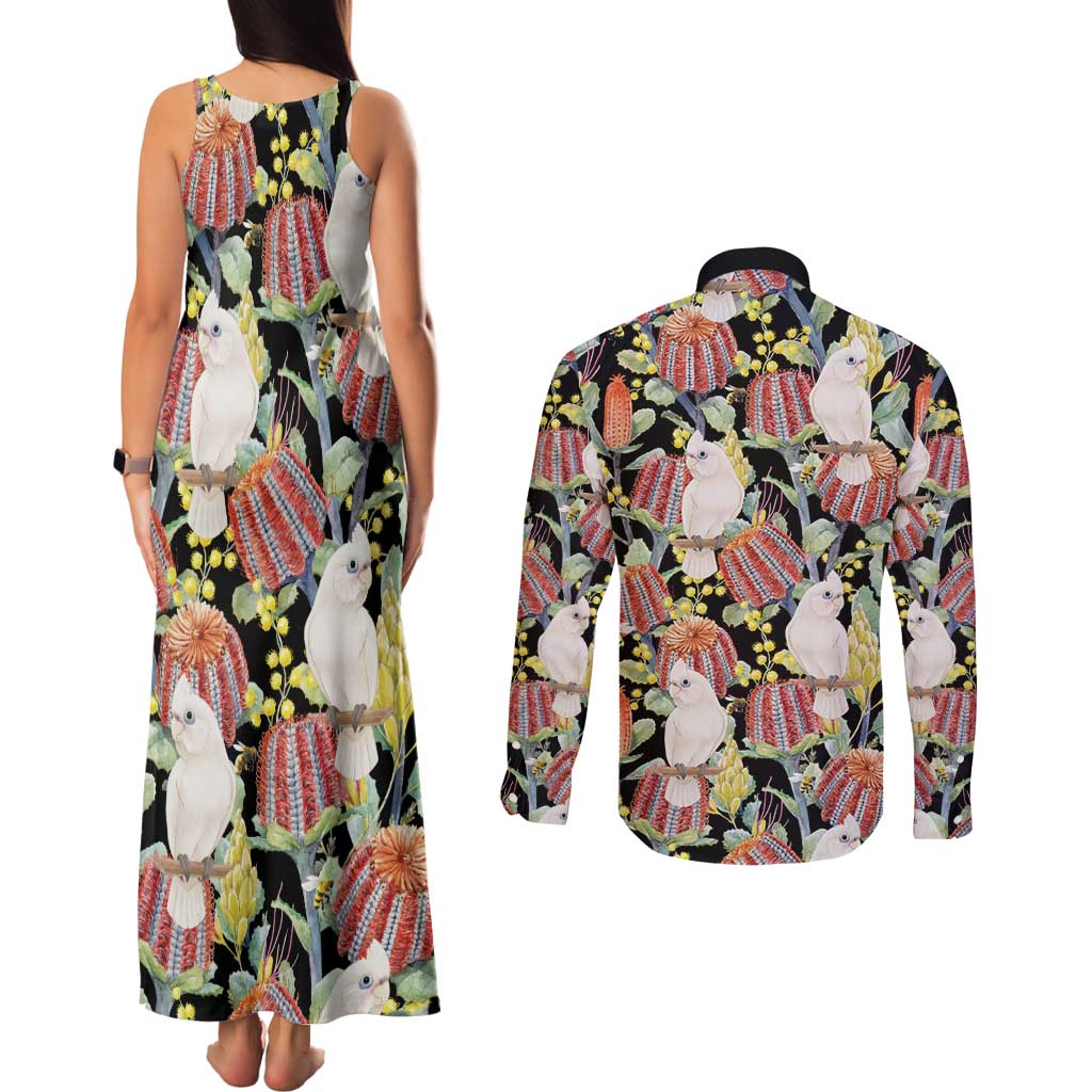 Little Corella Australia Cockatoo Couples Matching Tank Maxi Dress and Long Sleeve Button Shirt Cacatua Sanguinea Banksia Seamless Black - Aussie Hoodie