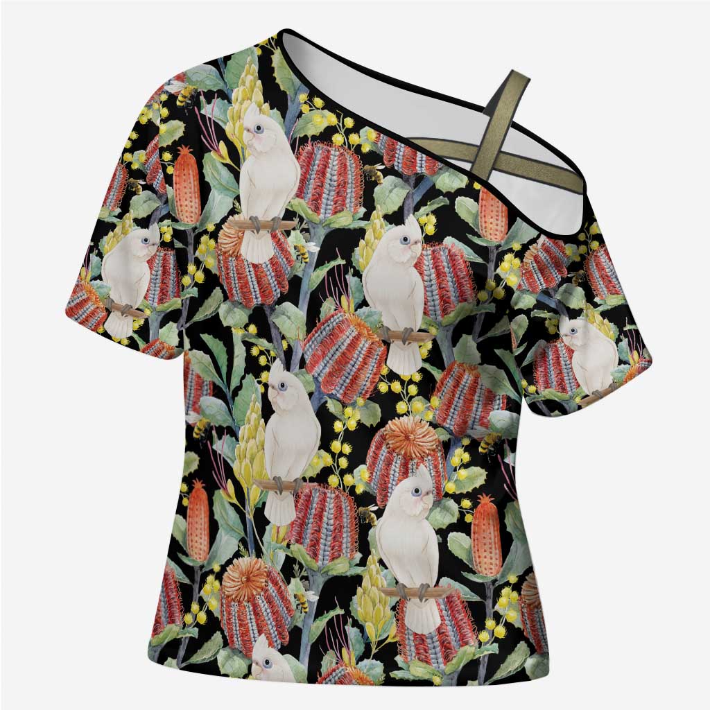 Little Corella Australia Cockatoo Cross Shoulder Shirt Cacatua Sanguinea Banksia Seamless Black - Aussie Hoodie