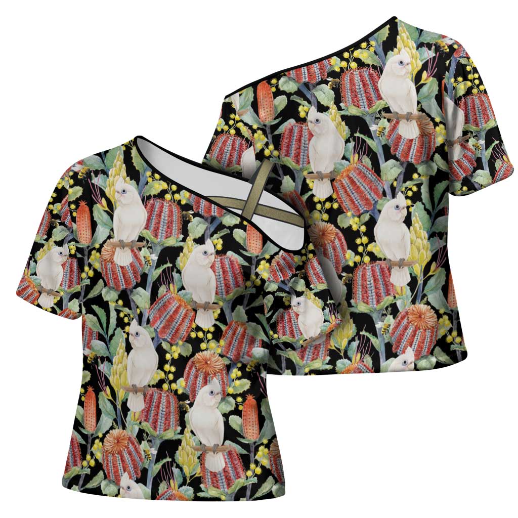 Little Corella Australia Cockatoo Cross Shoulder Shirt Cacatua Sanguinea Banksia Seamless Black - Aussie Hoodie