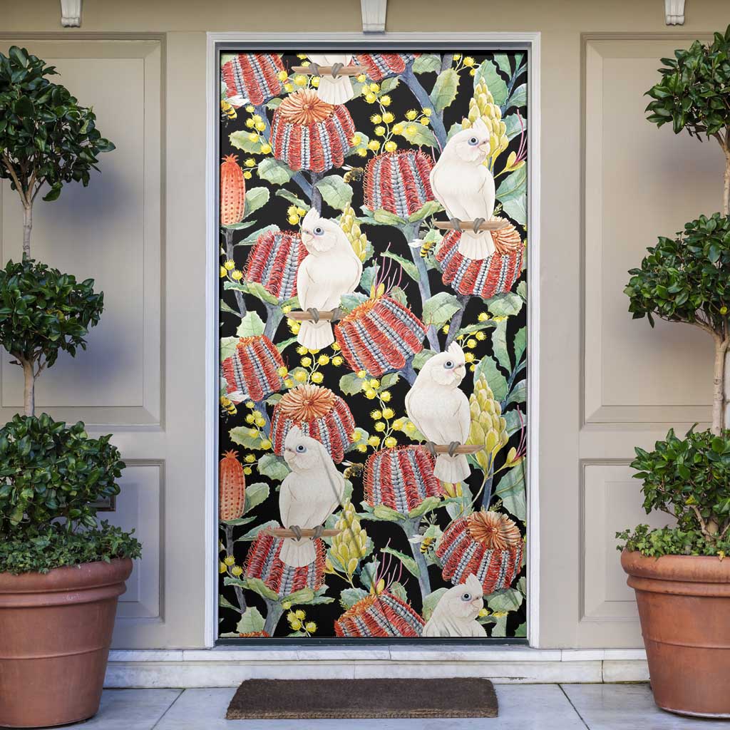 Little Corella Australia Cockatoo Door Cover Cacatua Sanguinea Banksia Seamless Black - Aussie Hoodie