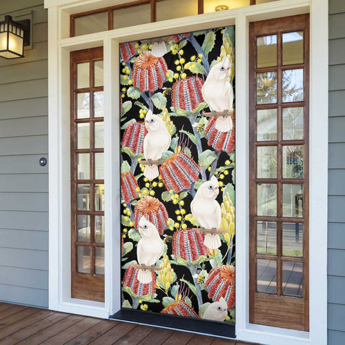 Little Corella Australia Cockatoo Door Cover Cacatua Sanguinea Banksia Seamless Black - Aussie Hoodie