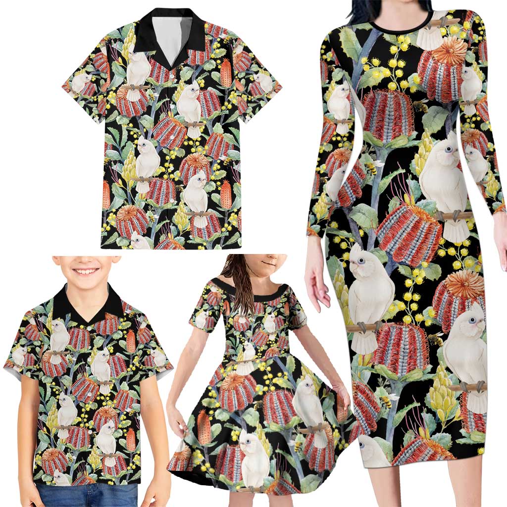 Little Corella Australia Cockatoo Family Matching Long Sleeve Bodycon Dress and Hawaiian Shirt Cacatua Sanguinea Banksia Seamless Black - Aussie Hoodie