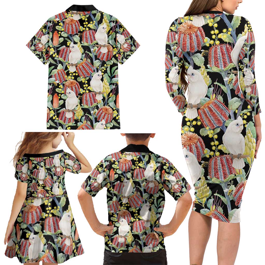 Little Corella Australia Cockatoo Family Matching Long Sleeve Bodycon Dress and Hawaiian Shirt Cacatua Sanguinea Banksia Seamless Black - Aussie Hoodie