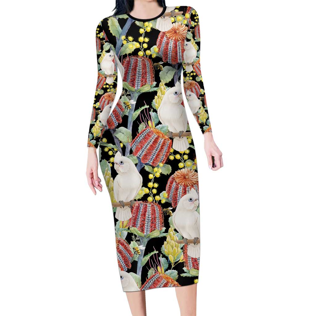 Little Corella Australia Cockatoo Family Matching Long Sleeve Bodycon Dress and Hawaiian Shirt Cacatua Sanguinea Banksia Seamless Black - Aussie Hoodie