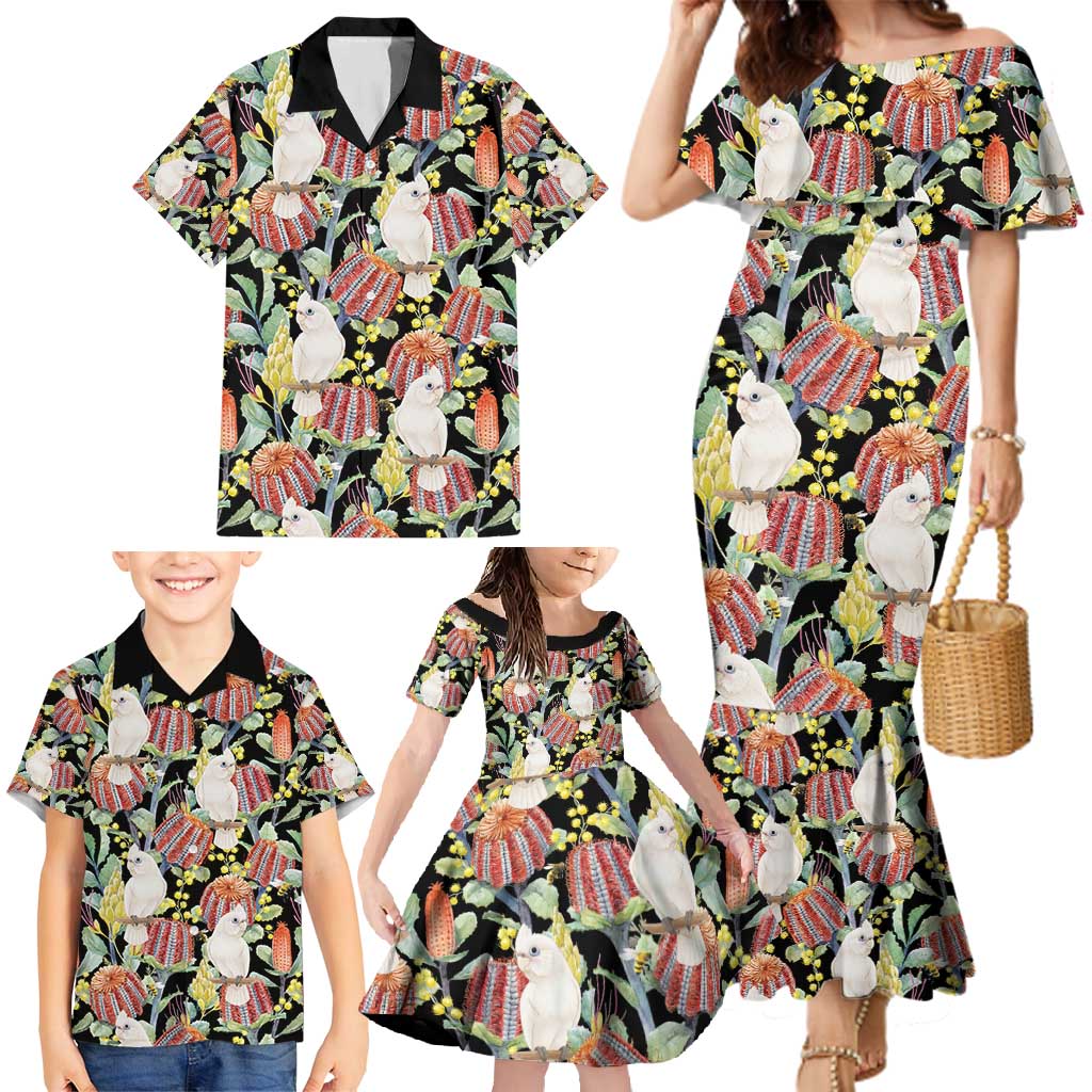 Little Corella Australia Cockatoo Family Matching Mermaid Dress and Hawaiian Shirt Cacatua Sanguinea Banksia Seamless Black - Aussie Hoodie