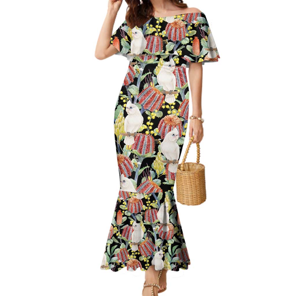 Little Corella Australia Cockatoo Family Matching Mermaid Dress and Hawaiian Shirt Cacatua Sanguinea Banksia Seamless Black - Aussie Hoodie