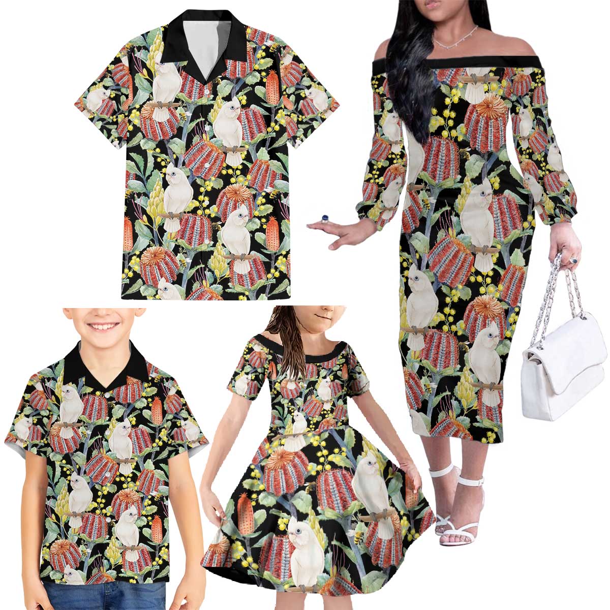 Little Corella Australia Cockatoo Family Matching Off The Shoulder Long Sleeve Dress and Hawaiian Shirt Cacatua Sanguinea Banksia Seamless Black - Aussie Hoodie