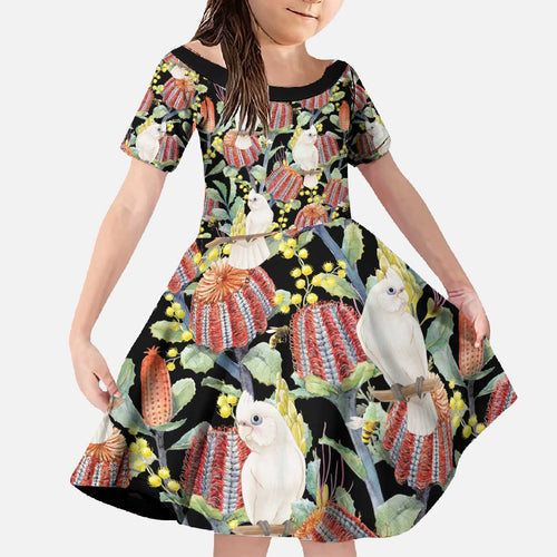 Little Corella Australia Cockatoo Family Matching Off The Shoulder Long Sleeve Dress and Hawaiian Shirt Cacatua Sanguinea Banksia Seamless Black - Aussie Hoodie