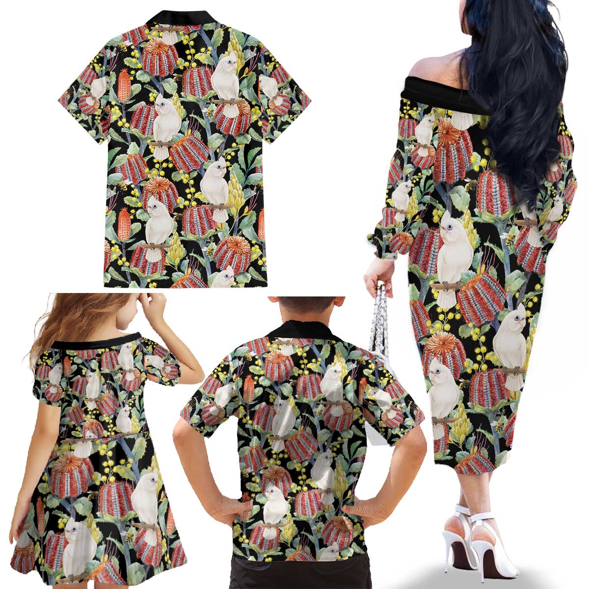 Little Corella Australia Cockatoo Family Matching Off The Shoulder Long Sleeve Dress and Hawaiian Shirt Cacatua Sanguinea Banksia Seamless Black - Aussie Hoodie