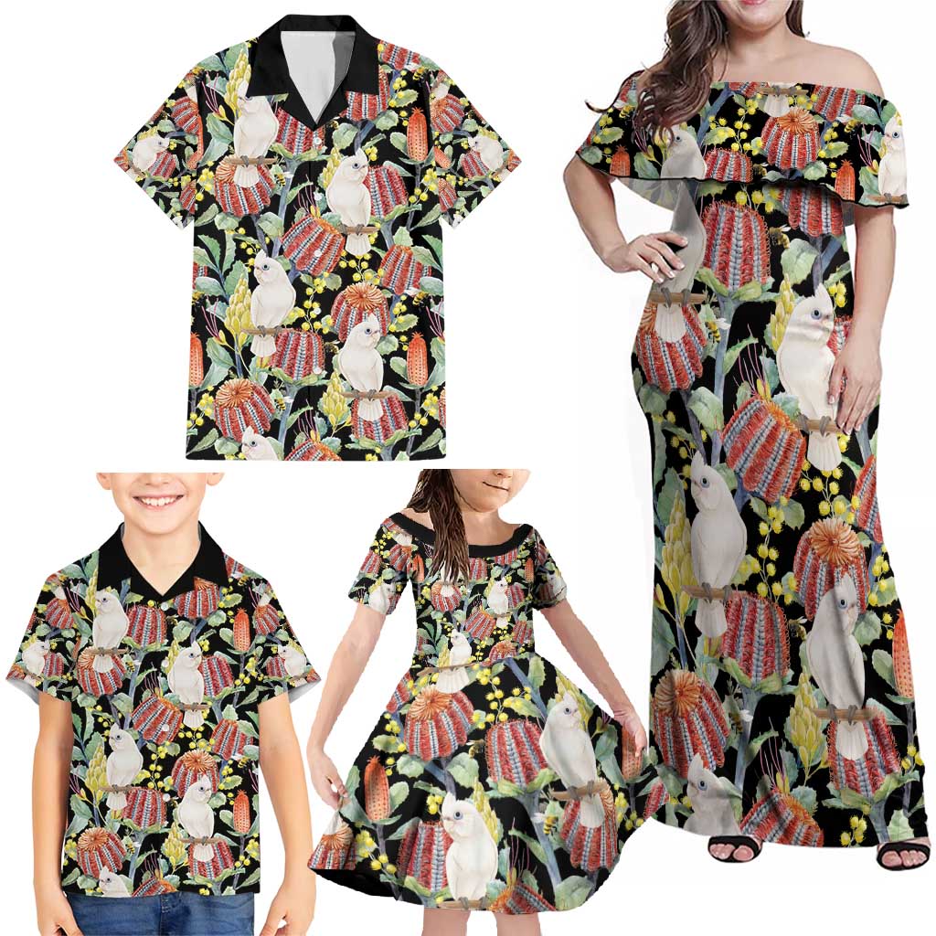 Little Corella Australia Cockatoo Family Matching Off Shoulder Maxi Dress and Hawaiian Shirt Cacatua Sanguinea Banksia Seamless Black - Aussie Hoodie
