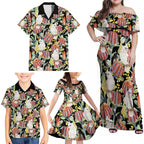 Little Corella Australia Cockatoo Family Matching Off Shoulder Maxi Dress and Hawaiian Shirt Cacatua Sanguinea Banksia Seamless Black - Aussie Hoodie