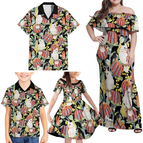 Little Corella Australia Cockatoo Family Matching Off Shoulder Maxi Dress and Hawaiian Shirt Cacatua Sanguinea Banksia Seamless Black - Aussie Hoodie