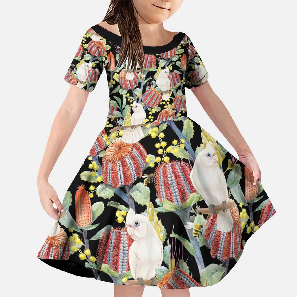 Little Corella Australia Cockatoo Family Matching Off Shoulder Maxi Dress and Hawaiian Shirt Cacatua Sanguinea Banksia Seamless Black - Aussie Hoodie