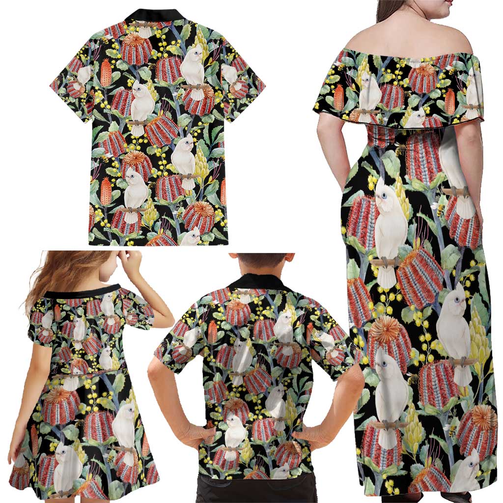 Little Corella Australia Cockatoo Family Matching Off Shoulder Maxi Dress and Hawaiian Shirt Cacatua Sanguinea Banksia Seamless Black - Aussie Hoodie