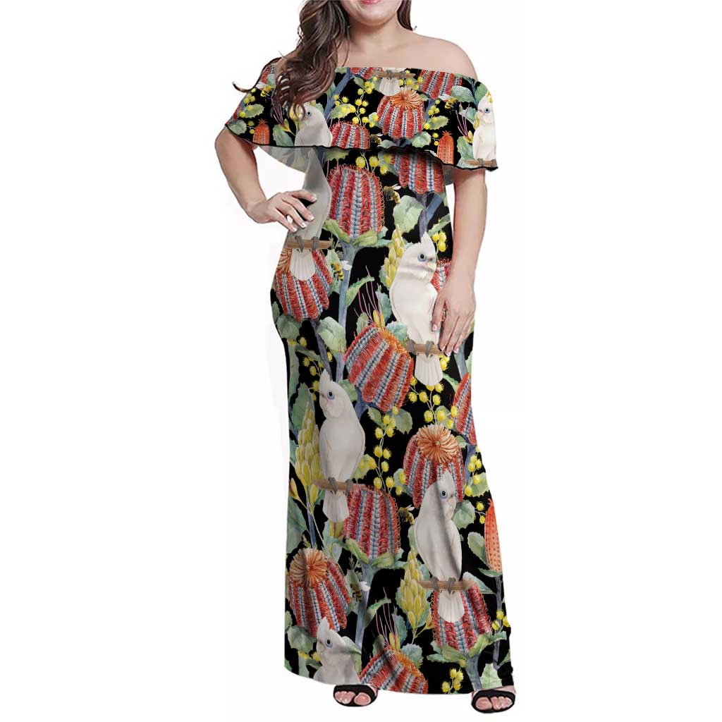 Little Corella Australia Cockatoo Family Matching Off Shoulder Maxi Dress and Hawaiian Shirt Cacatua Sanguinea Banksia Seamless Black - Aussie Hoodie