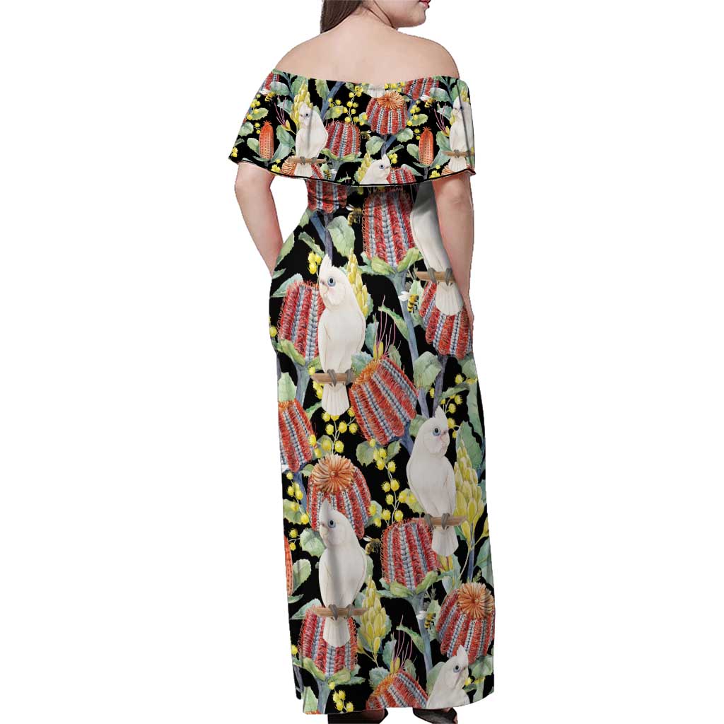Little Corella Australia Cockatoo Family Matching Off Shoulder Maxi Dress and Hawaiian Shirt Cacatua Sanguinea Banksia Seamless Black - Aussie Hoodie