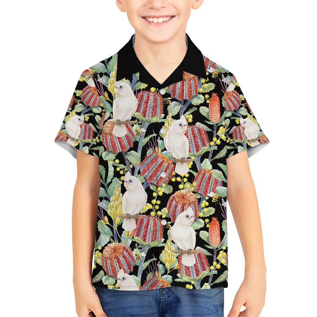 Little Corella Australia Cockatoo Family Matching Off Shoulder Maxi Dress and Hawaiian Shirt Cacatua Sanguinea Banksia Seamless Black - Aussie Hoodie