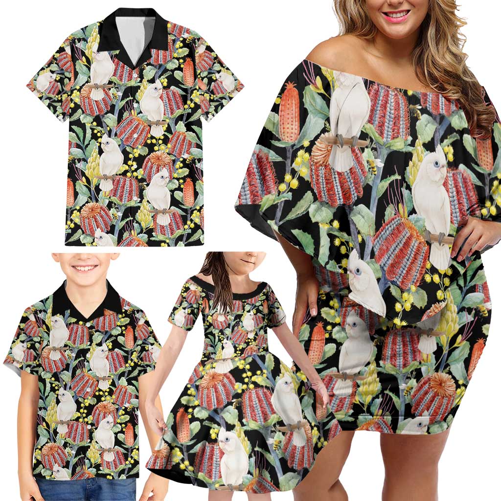 Little Corella Australia Cockatoo Family Matching Off Shoulder Short Dress and Hawaiian Shirt Cacatua Sanguinea Banksia Seamless Black - Aussie Hoodie