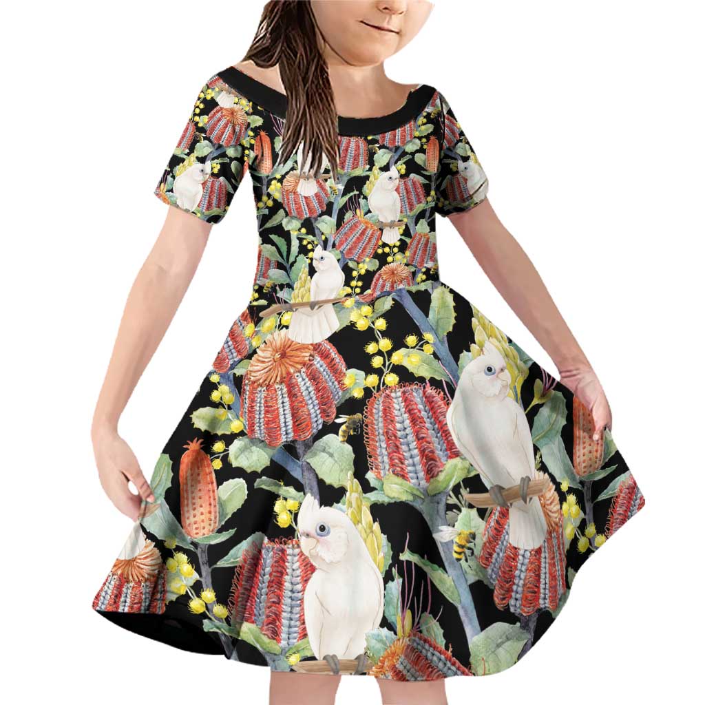 Little Corella Australia Cockatoo Family Matching Off Shoulder Short Dress and Hawaiian Shirt Cacatua Sanguinea Banksia Seamless Black - Aussie Hoodie