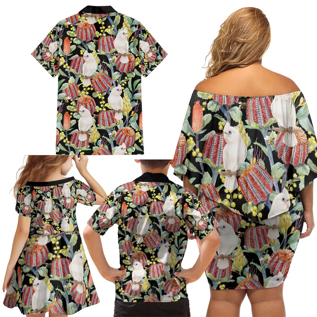 Little Corella Australia Cockatoo Family Matching Off Shoulder Short Dress and Hawaiian Shirt Cacatua Sanguinea Banksia Seamless Black - Aussie Hoodie