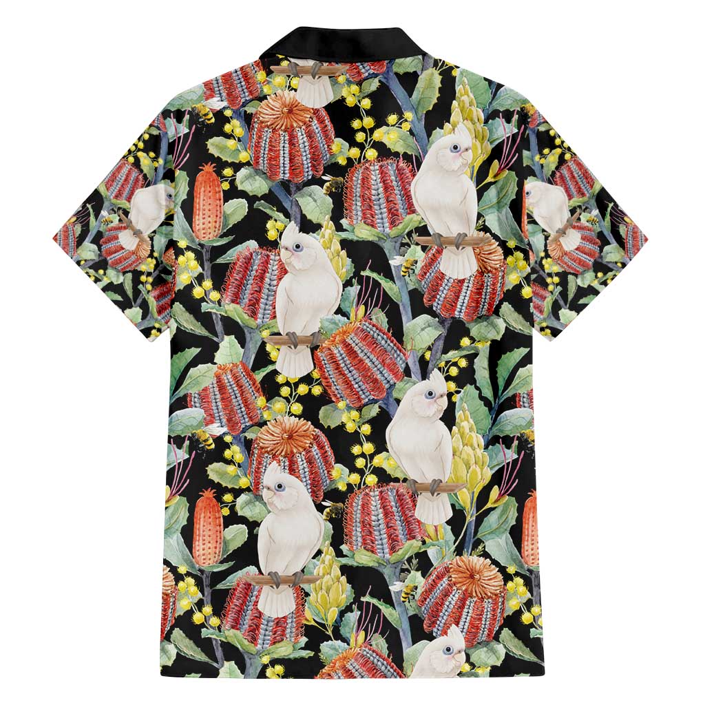 Little Corella Australia Cockatoo Family Matching Off Shoulder Short Dress and Hawaiian Shirt Cacatua Sanguinea Banksia Seamless Black - Aussie Hoodie