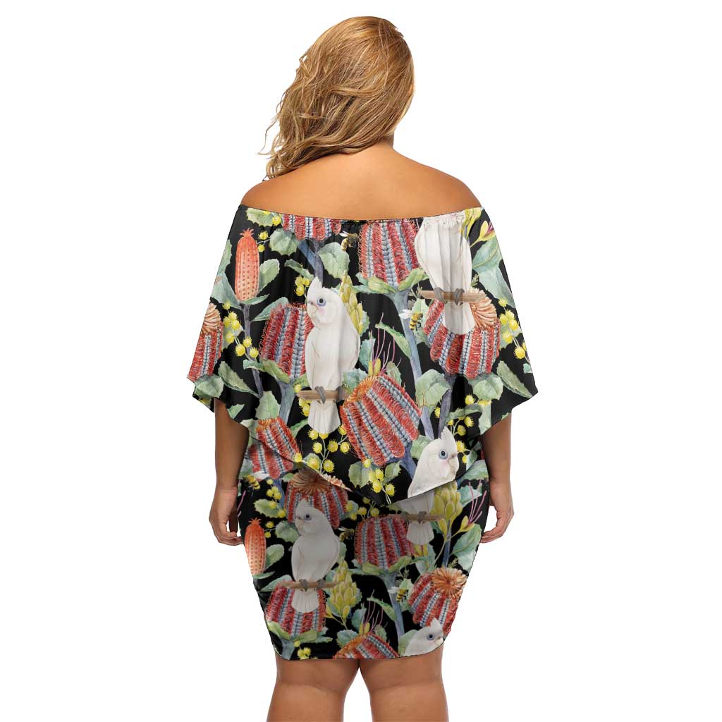 Little Corella Australia Cockatoo Family Matching Off Shoulder Short Dress and Hawaiian Shirt Cacatua Sanguinea Banksia Seamless Black - Aussie Hoodie