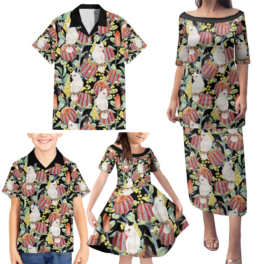 Little Corella Australia Cockatoo Family Matching Puletasi and Hawaiian Shirt Cacatua Sanguinea Banksia Seamless Black - Aussie Hoodie