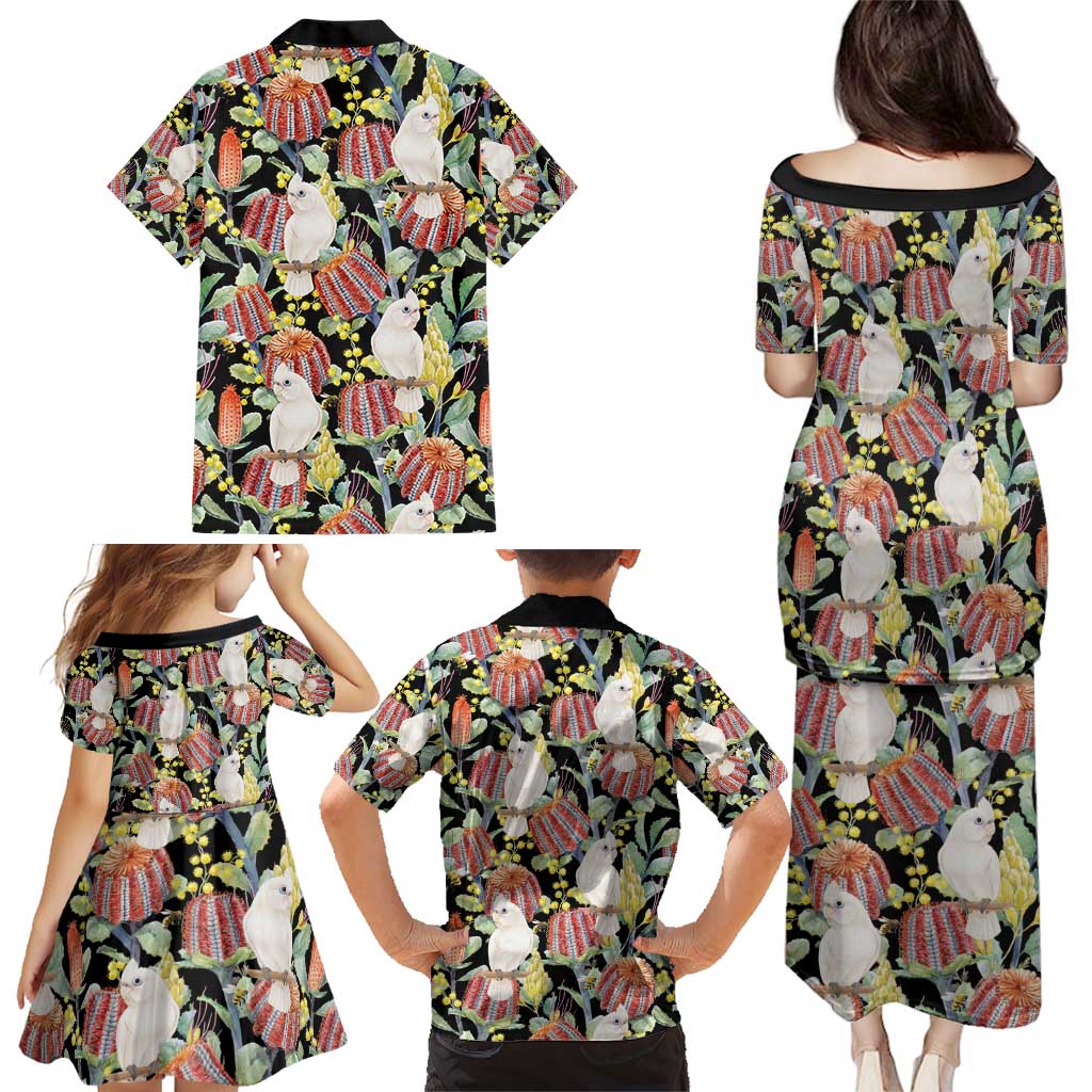 Little Corella Australia Cockatoo Family Matching Puletasi and Hawaiian Shirt Cacatua Sanguinea Banksia Seamless Black - Aussie Hoodie
