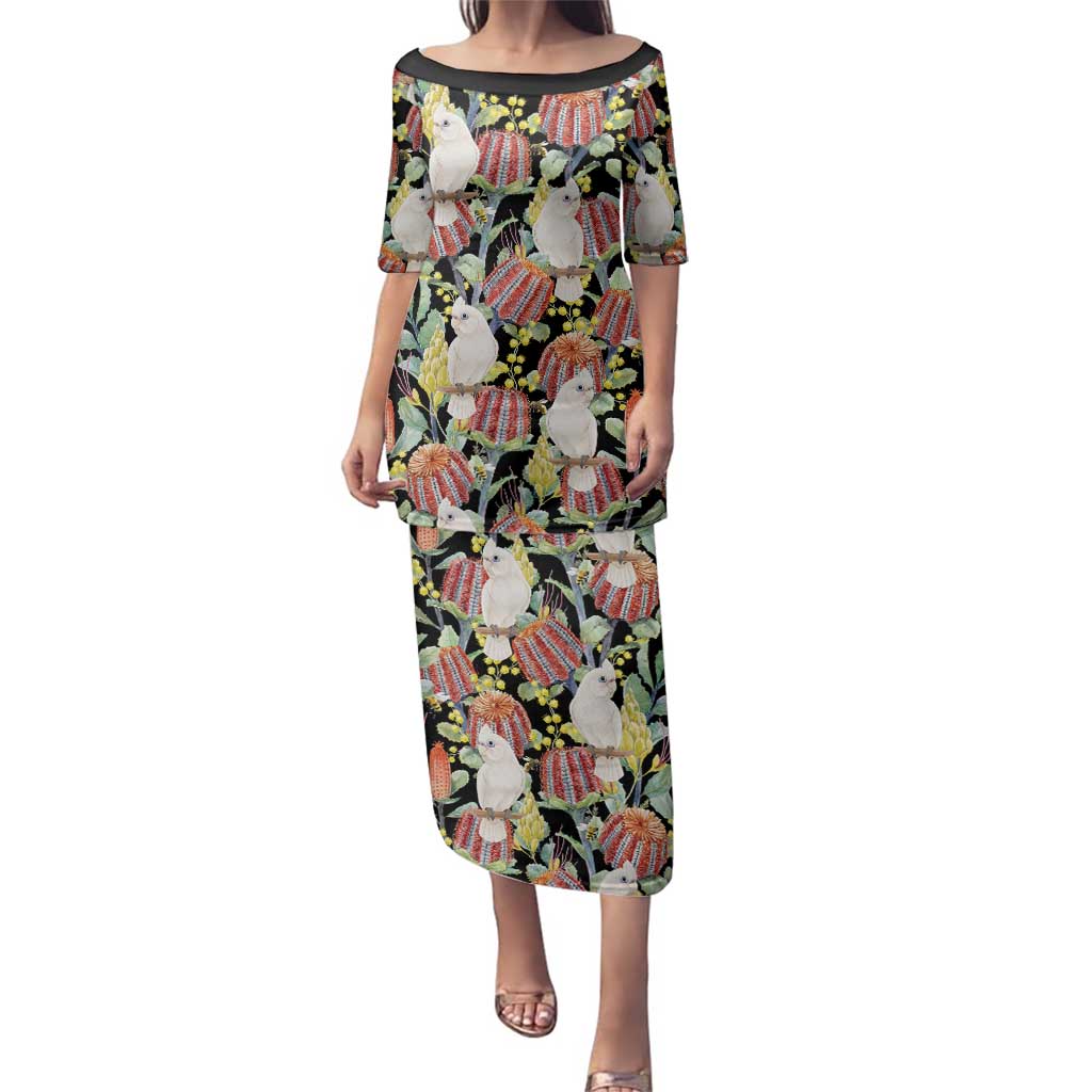 Little Corella Australia Cockatoo Family Matching Puletasi and Hawaiian Shirt Cacatua Sanguinea Banksia Seamless Black - Aussie Hoodie