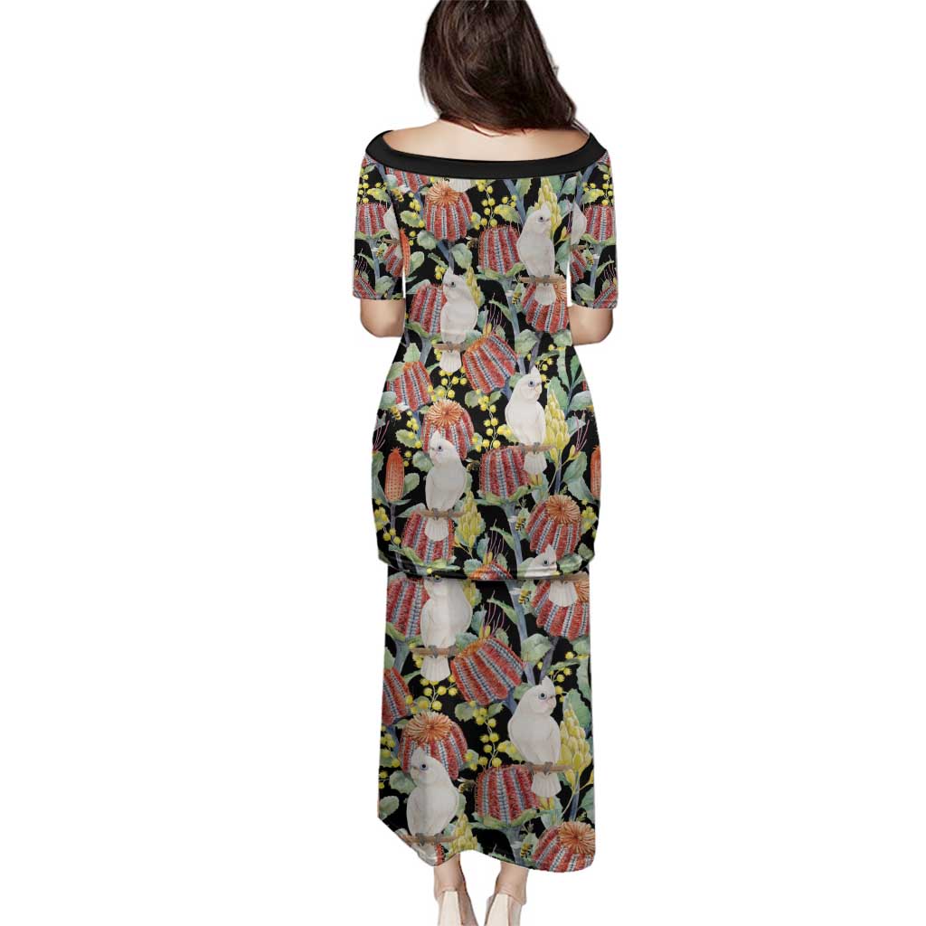 Little Corella Australia Cockatoo Family Matching Puletasi and Hawaiian Shirt Cacatua Sanguinea Banksia Seamless Black - Aussie Hoodie