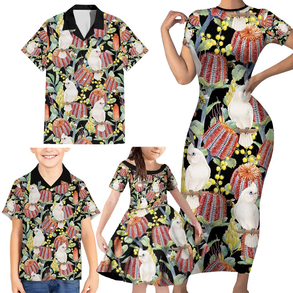 Little Corella Australia Cockatoo Family Matching Short Sleeve Bodycon Dress and Hawaiian Shirt Cacatua Sanguinea Banksia Seamless Black - Aussie Hoodie