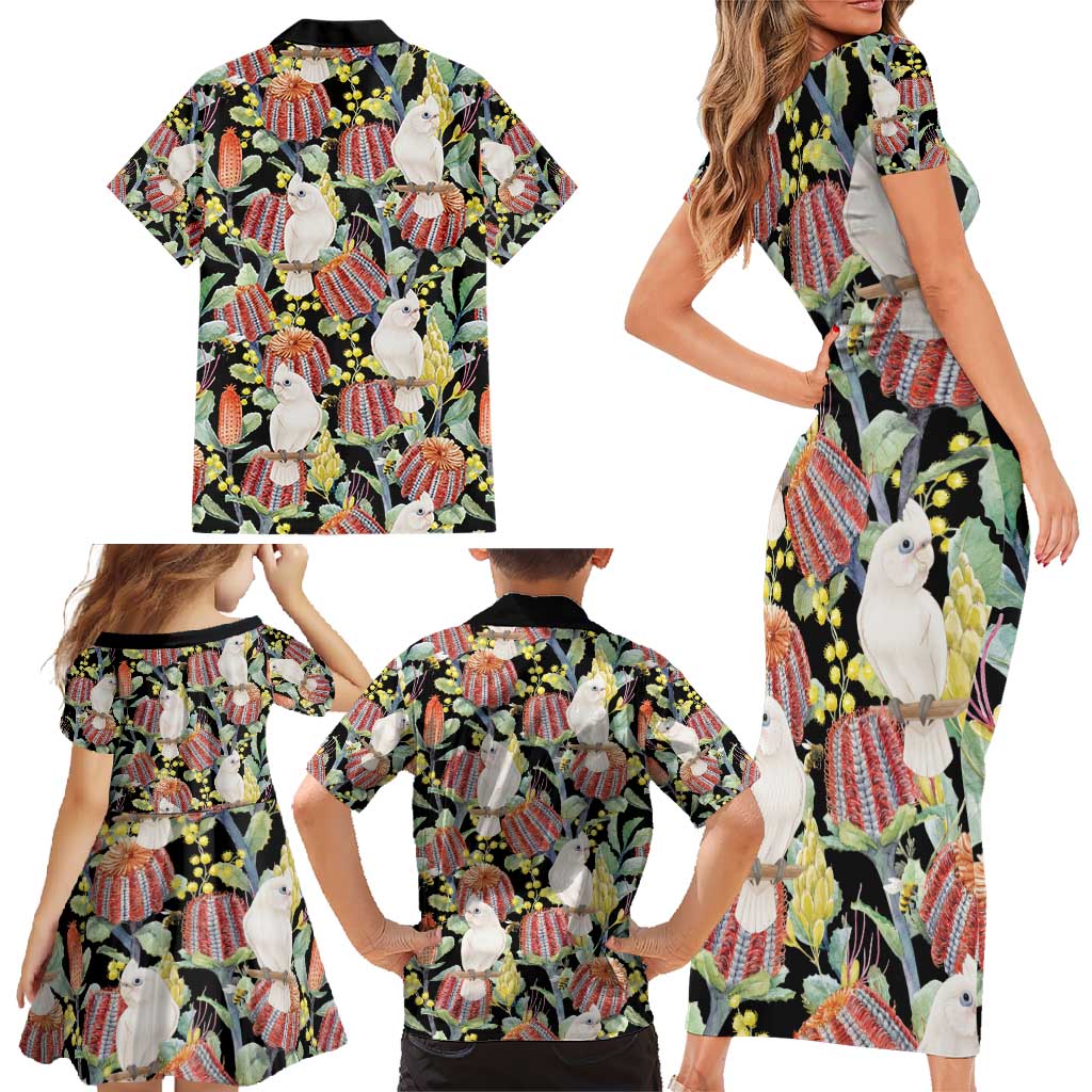Little Corella Australia Cockatoo Family Matching Short Sleeve Bodycon Dress and Hawaiian Shirt Cacatua Sanguinea Banksia Seamless Black - Aussie Hoodie