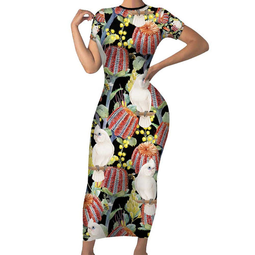 Little Corella Australia Cockatoo Family Matching Short Sleeve Bodycon Dress and Hawaiian Shirt Cacatua Sanguinea Banksia Seamless Black - Aussie Hoodie