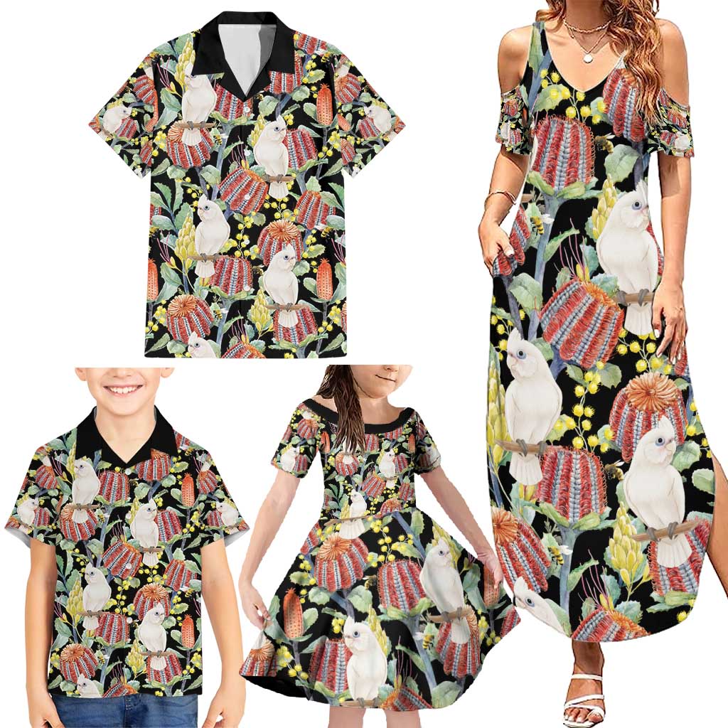 Little Corella Australia Cockatoo Family Matching Summer Maxi Dress and Hawaiian Shirt Cacatua Sanguinea Banksia Seamless Black - Aussie Hoodie