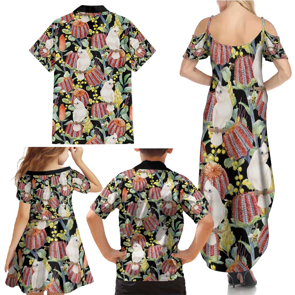 Little Corella Australia Cockatoo Family Matching Summer Maxi Dress and Hawaiian Shirt Cacatua Sanguinea Banksia Seamless Black - Aussie Hoodie