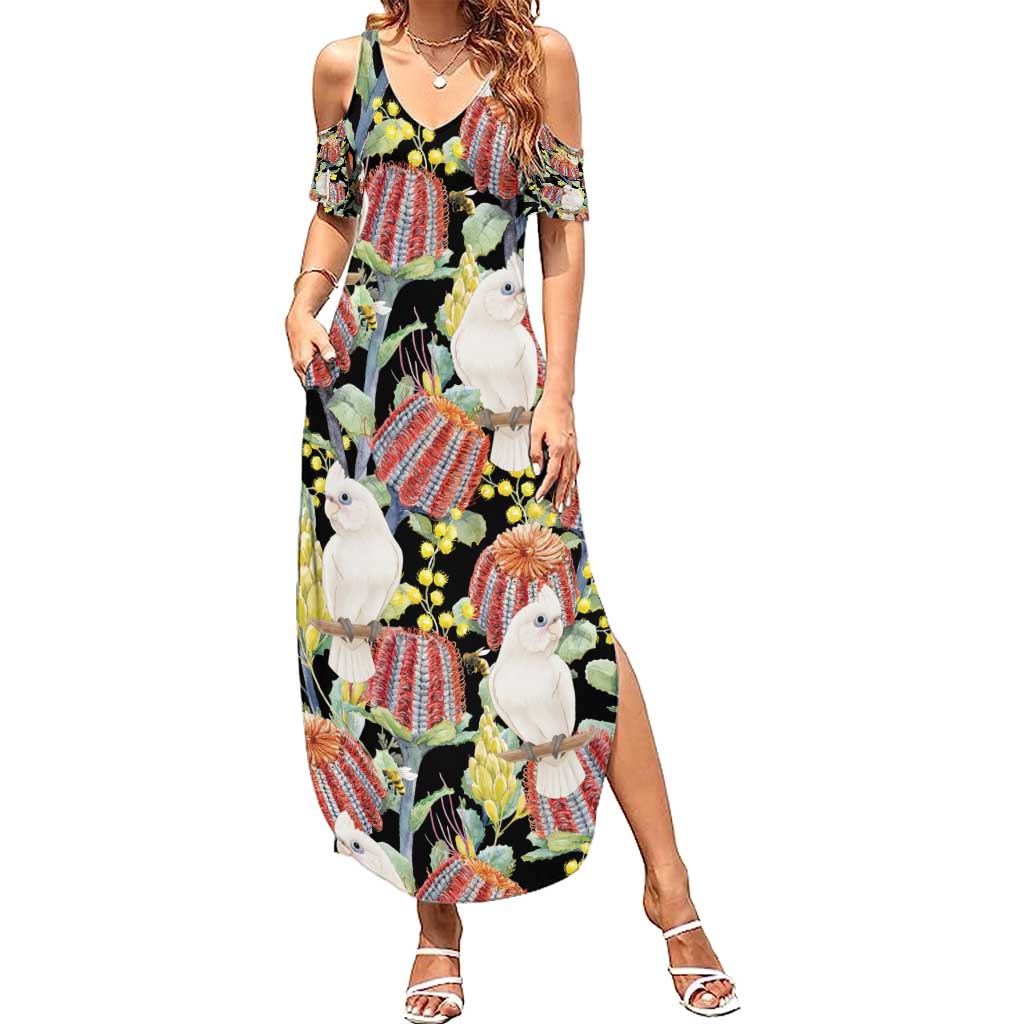 Little Corella Australia Cockatoo Family Matching Summer Maxi Dress and Hawaiian Shirt Cacatua Sanguinea Banksia Seamless Black - Aussie Hoodie
