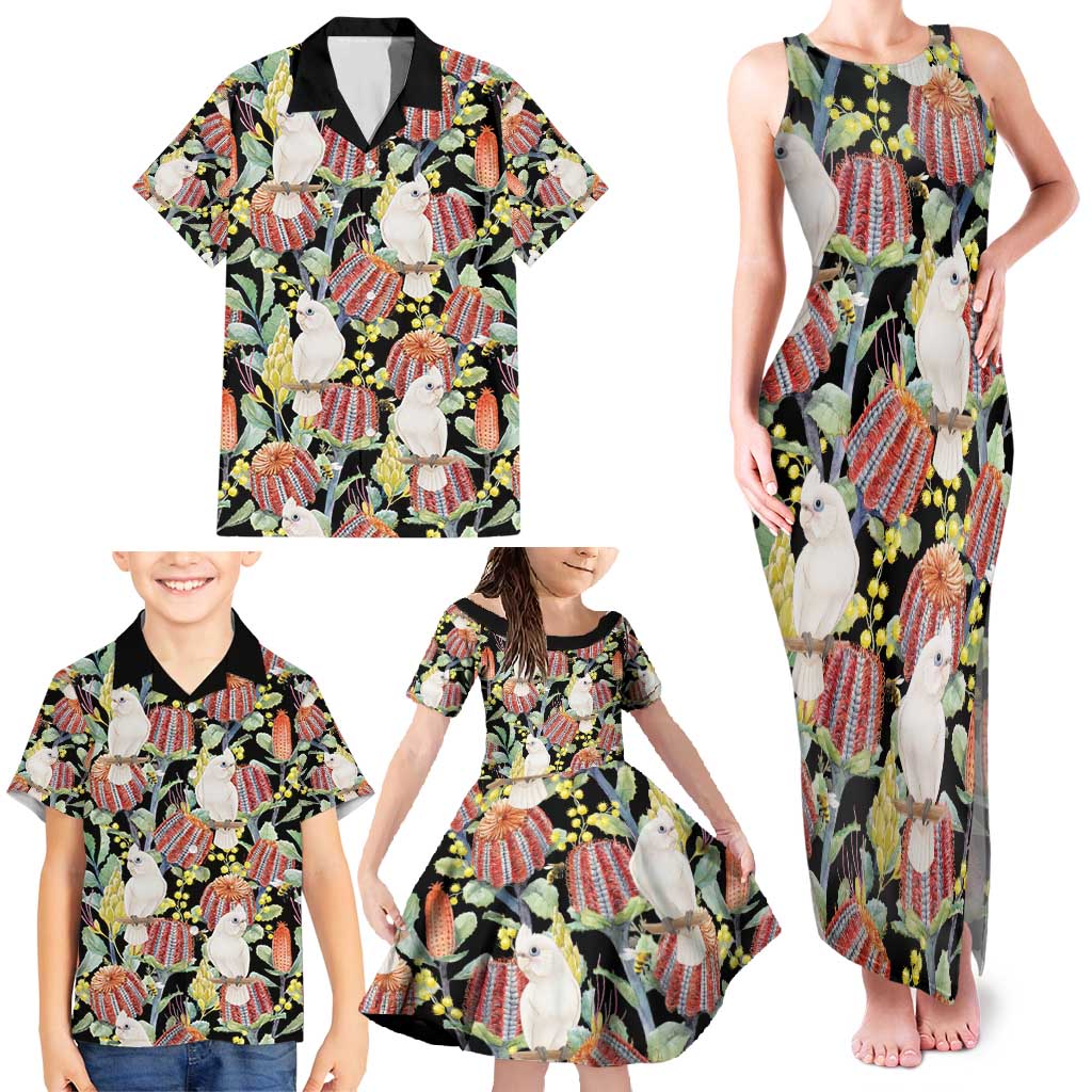 Little Corella Australia Cockatoo Family Matching Tank Maxi Dress and Hawaiian Shirt Cacatua Sanguinea Banksia Seamless Black - Aussie Hoodie
