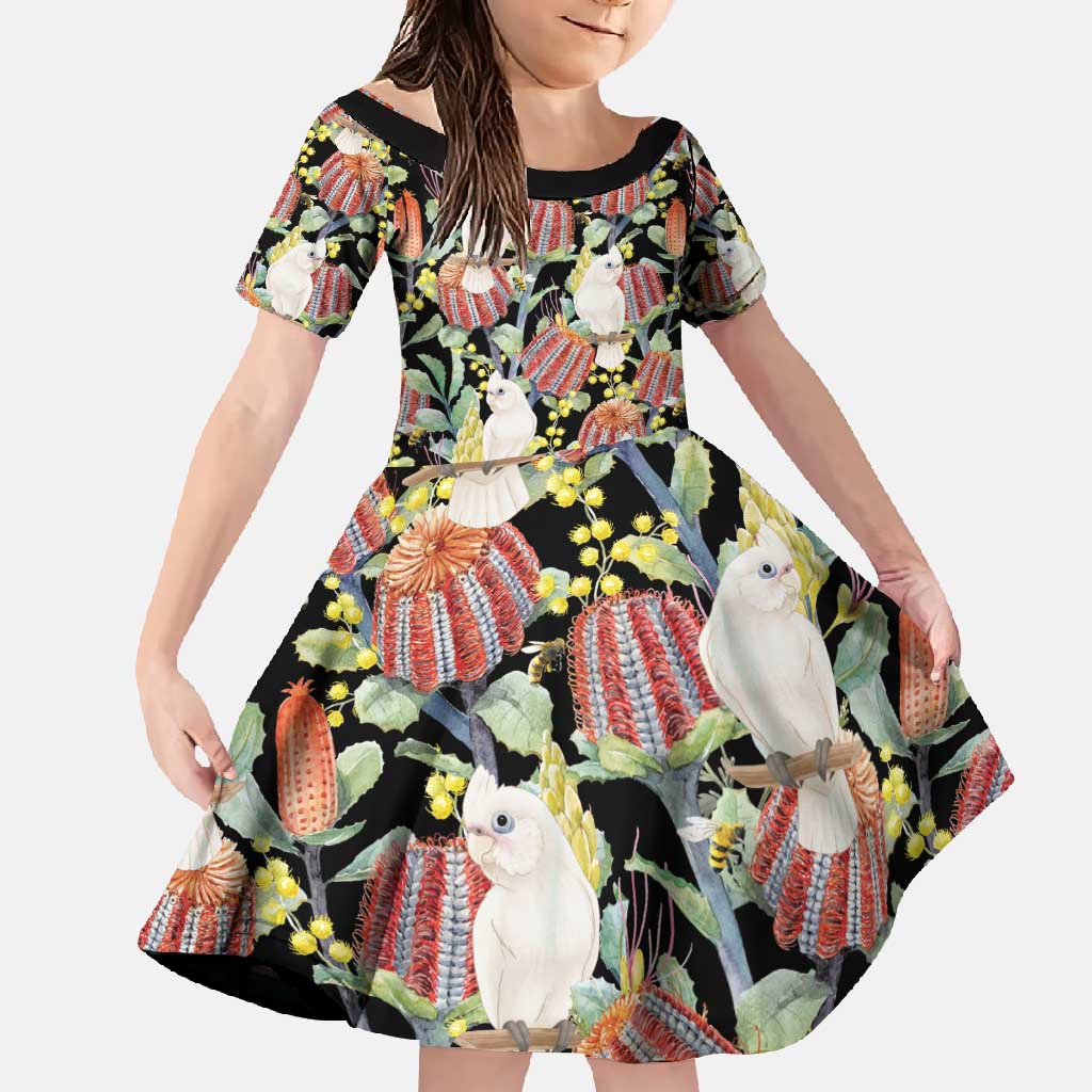 Little Corella Australia Cockatoo Family Matching Tank Maxi Dress and Hawaiian Shirt Cacatua Sanguinea Banksia Seamless Black - Aussie Hoodie