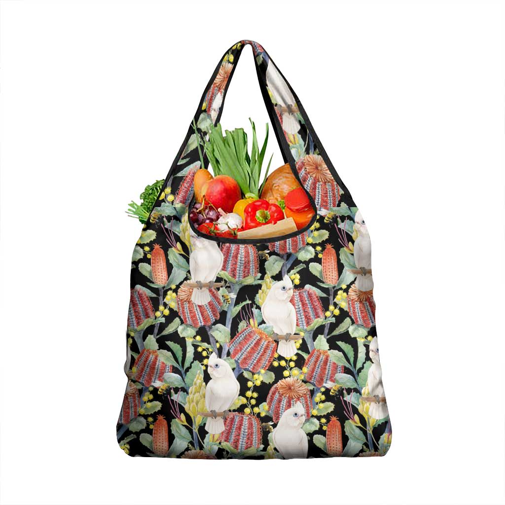 Little Corella Australia Cockatoo Grocery Bag Cacatua Sanguinea Banksia Seamless Black - Aussie Hoodie